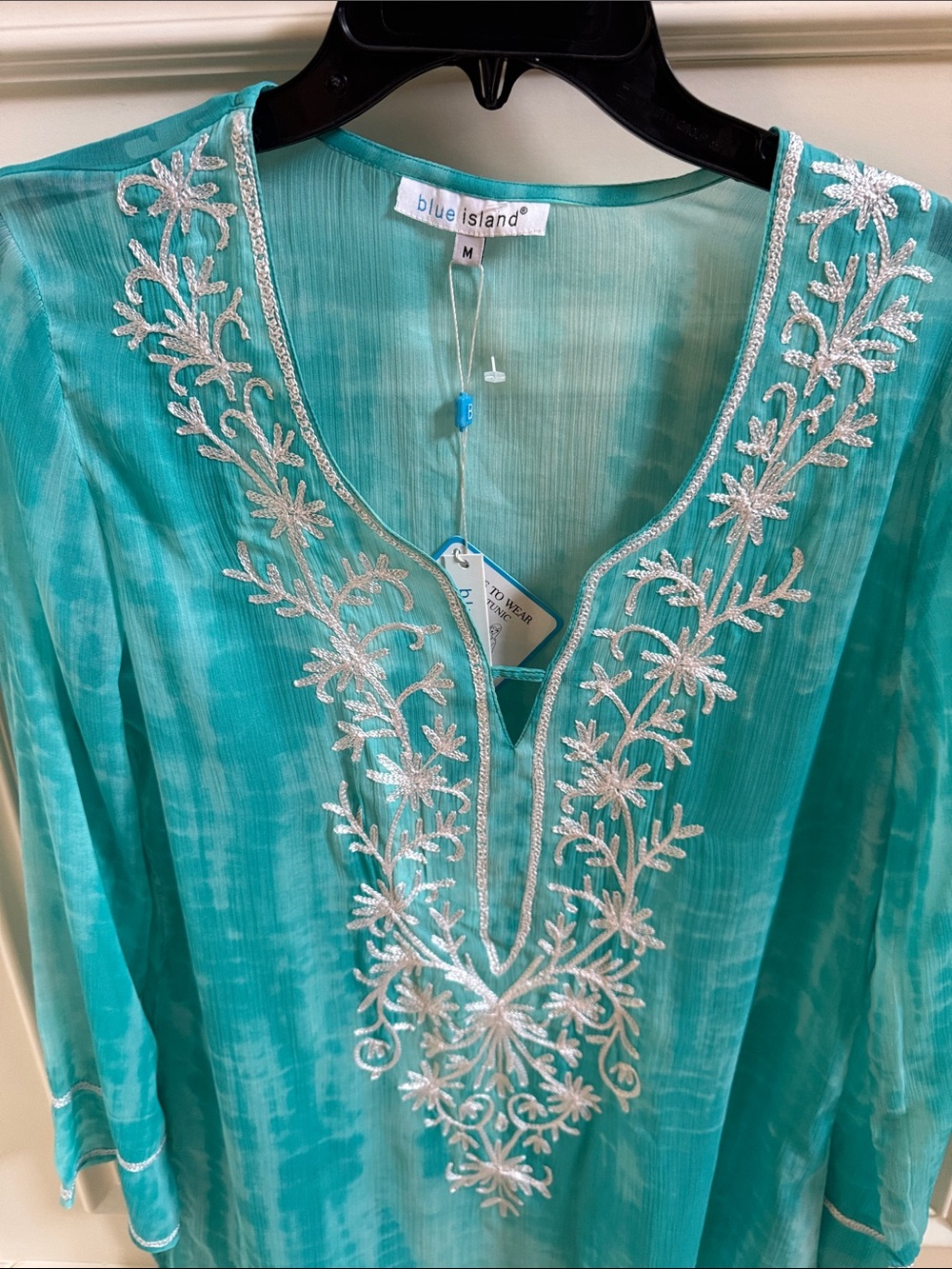 NWT Blue  Island Turquoise Embroidered Sheer Tunic